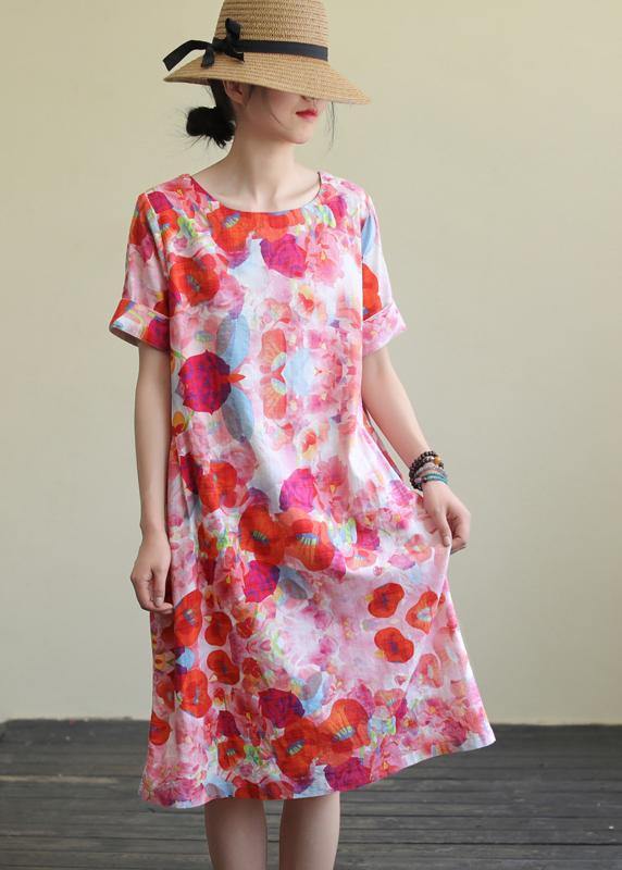 Organic o neck pockets linen summer clothes Sleeve red print Dresses - SooLinen