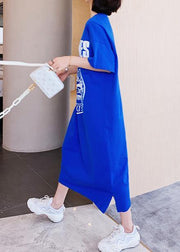 Organic o neck summer Tunics Catwalk blue Letter long Dress - SooLinen