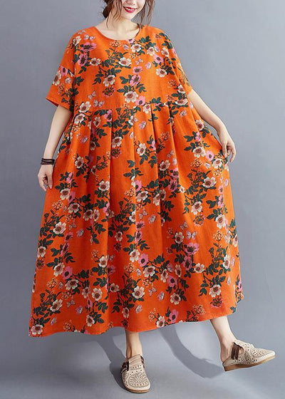 Organic o neck Cinched summerquilting clothes Catwalk orange floral Traveling Dress - SooLinen