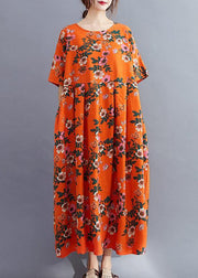 Organic o neck Cinched summerquilting clothes Catwalk orange floral Traveling Dress - SooLinen