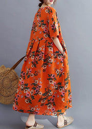 Organic o neck Cinched summerquilting clothes Catwalk orange floral Traveling Dress - SooLinen