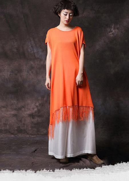 Organic orange tassel cotton clothes short sleeve long summer Dress - SooLinen