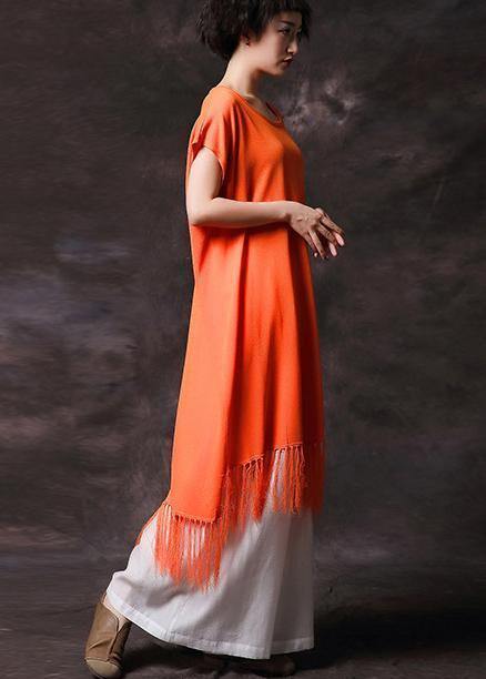 Organic orange tassel cotton clothes short sleeve long summer Dress - SooLinen