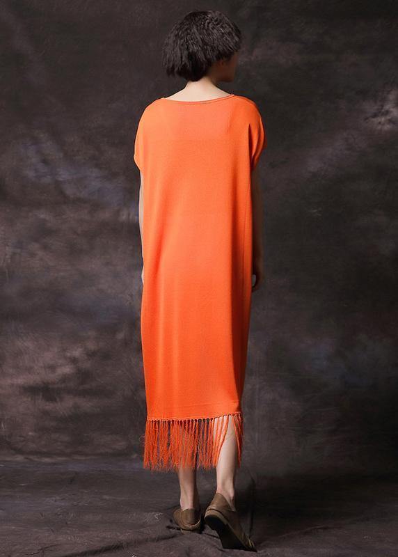 Organic orange tassel cotton clothes short sleeve long summer Dress - SooLinen