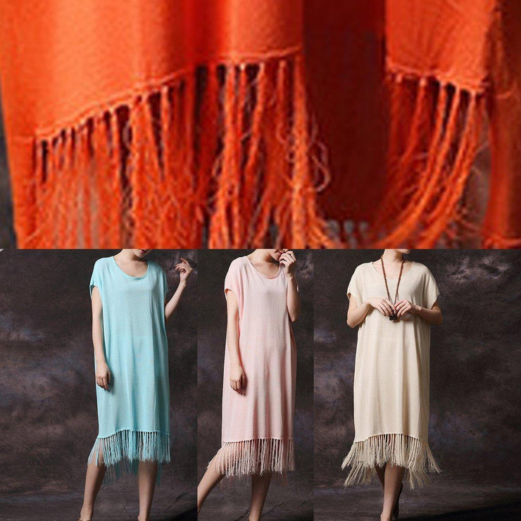 Organic orange tassel cotton clothes short sleeve long summer Dress - SooLinen