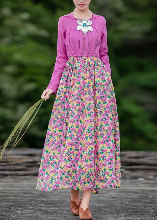 Organic pink print Long dress patchwork Dresses spring Dresses - SooLinen