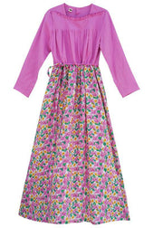 Organic pink print Long dress patchwork Dresses spring Dresses - SooLinen