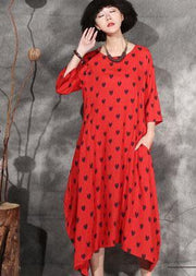 Organic red dotted cotton Long Shirts asymmetric hem Maxi summer Dresses - SooLinen