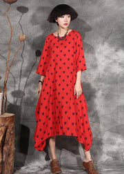 Organic red dotted cotton Long Shirts asymmetric hem Maxi summer Dresses - SooLinen