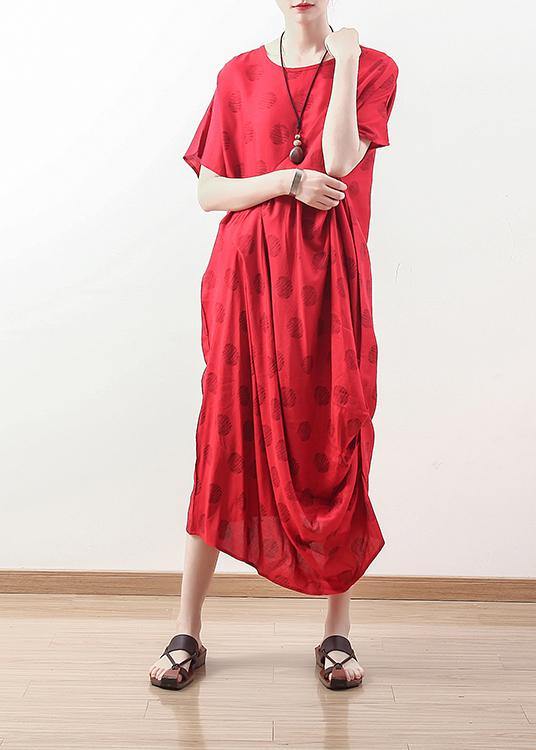 Organic red prints linen clothes Plus Size Neckline draping Maxi summer Dresses - SooLinen