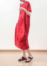 Organic red prints linen clothes Plus Size Neckline draping Maxi summer Dresses - SooLinen