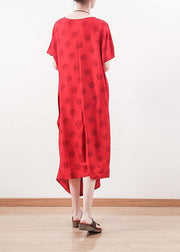 Organic red prints linen clothes Plus Size Neckline draping Maxi summer Dresses - SooLinen