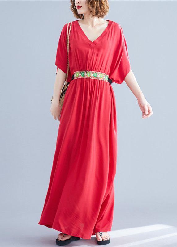 Organic red v neck cotton clothes two ways to wear Maxi summer Dress - SooLinen