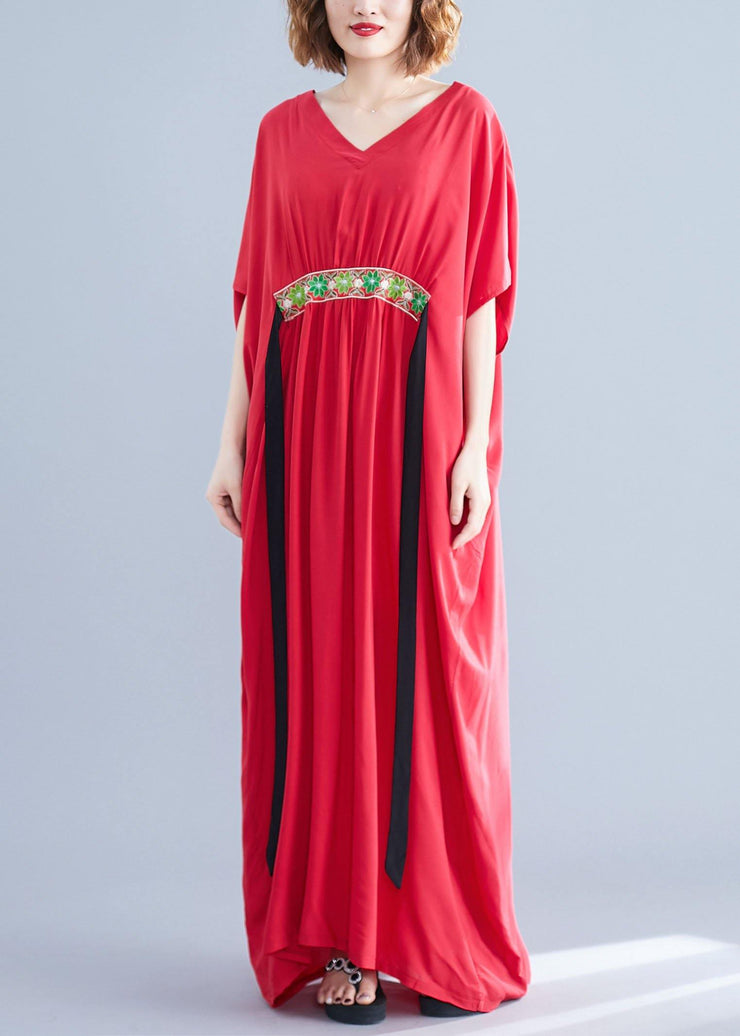 Organic red v neck cotton clothes two ways to wear Maxi summer Dress - SooLinen