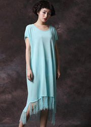 Organic tassel cotton clothes Work light blue Plus Size Dress summer - SooLinen