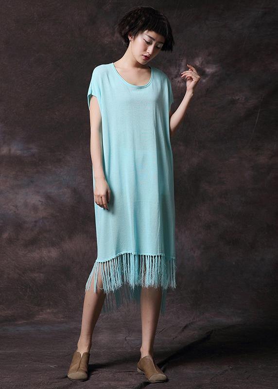 Organic tassel cotton clothes Work light blue Plus Size Dress summer - SooLinen