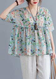 Organic v neck Ruffles summer tops Fashion Ideas floral blouse - SooLinen