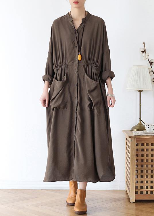 Organic v neck elastic waist cotton Long Shirts Neckline chocolate long Dress - SooLinen