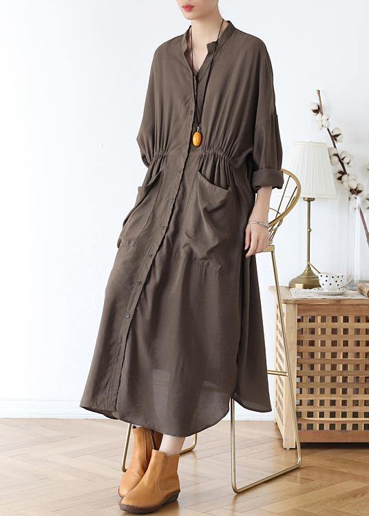 Organic v neck elastic waist cotton Long Shirts Neckline chocolate long Dress - SooLinen