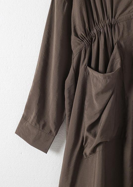 Organic v neck elastic waist cotton Long Shirts Neckline chocolate long Dress - SooLinen