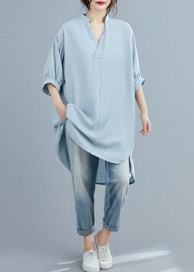 Organic v neck lantern sleeve summer blouses for women Sleeve light blue shirt - SooLinen