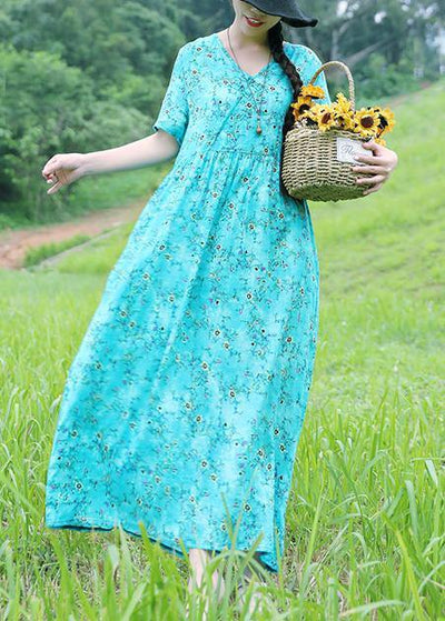 Organic v neck linen dress Sleeve light blue prints Dress summer - SooLinen