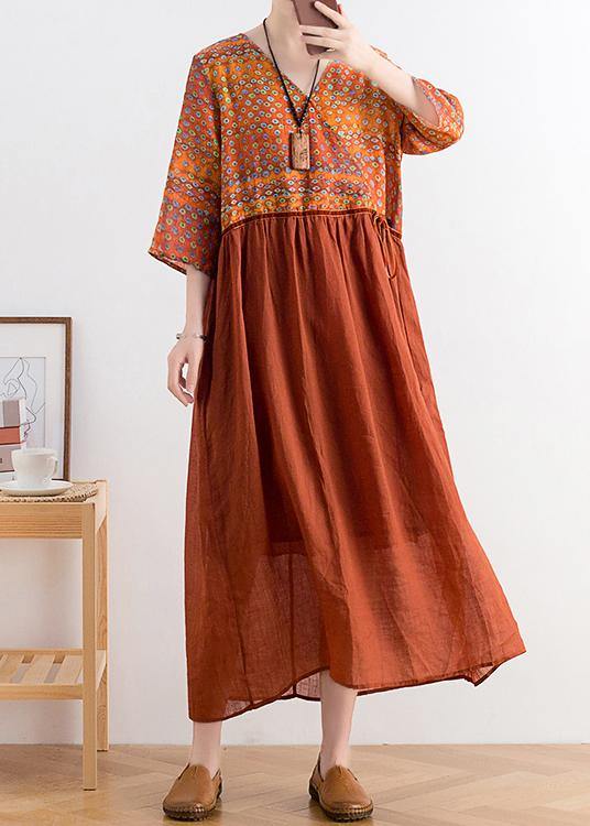 Organic v neck tie waist linen outfit Fabrics chocolate print Dresses - SooLinen