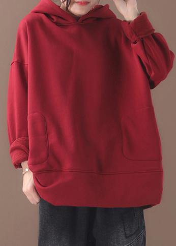 Organic winter cotton hooded Long Shirts Fashion Ideas red top - SooLinen