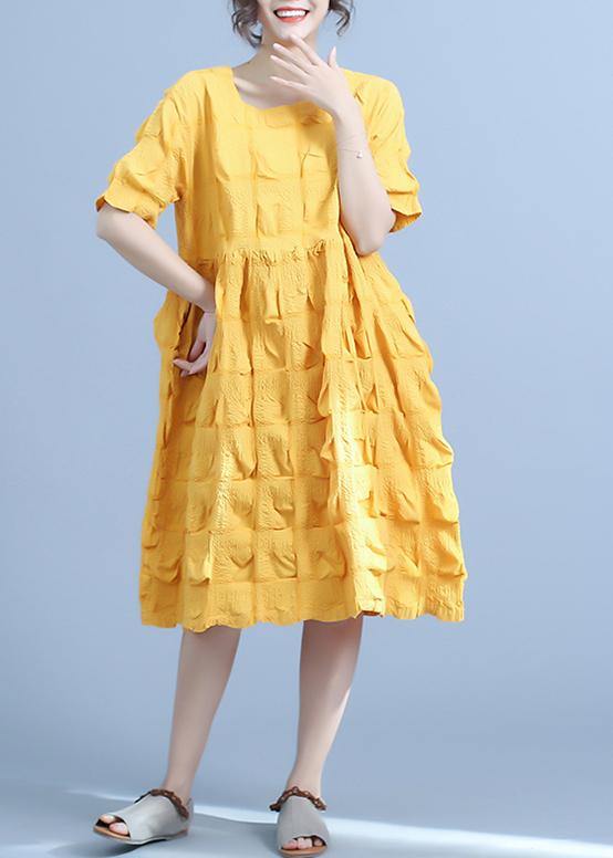 Organic yellow Women Casual Pleated cotton clothes Loose Short Sleeve Summer Dress - SooLinen