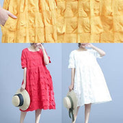 Organic yellow Women Casual Pleated cotton clothes Loose Short Sleeve Summer Dress - SooLinen