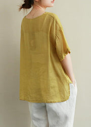 Organic yellow embroidery linen tops women v neck tops - SooLinen