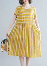 Organic yellow striped Cotton clothes o neck pockets tunic Dress - SooLinen