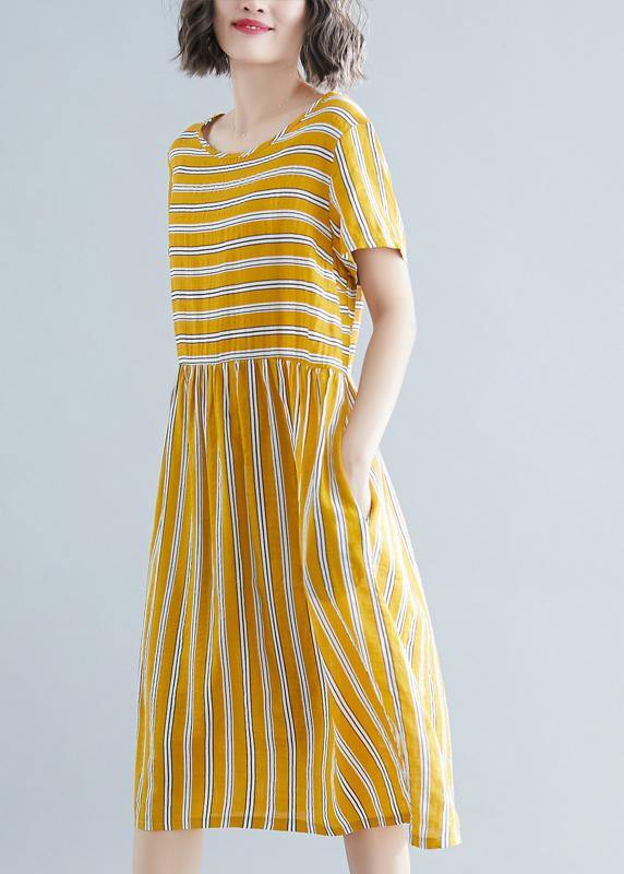 Organic yellow striped Cotton clothes o neck pockets tunic Dress - SooLinen