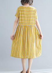 Organic yellow striped Cotton clothes o neck pockets tunic Dress - SooLinen