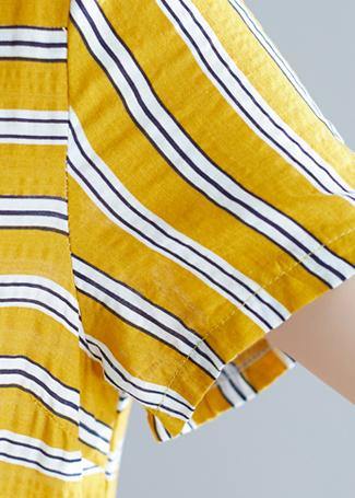 Organic yellow striped Cotton clothes o neck pockets tunic Dress - SooLinen