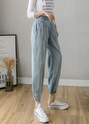 Organic Spring Casual Pants Slim Denim Blue Fashion Ideas Elastic Waist Pants - SooLinen