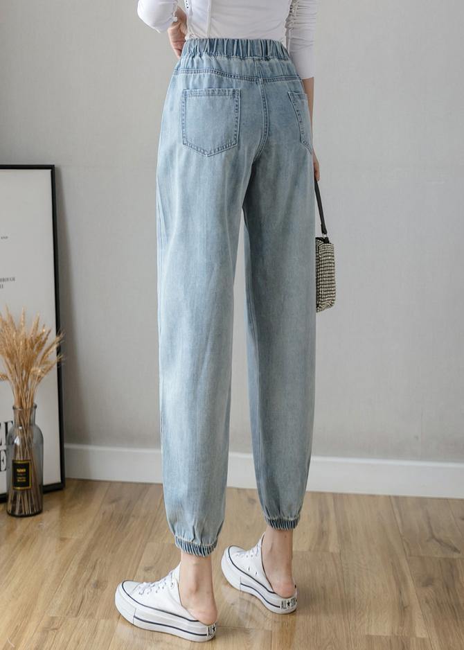 Organic Spring Casual Pants Slim Denim Blue Fashion Ideas Elastic Waist Pants - SooLinen