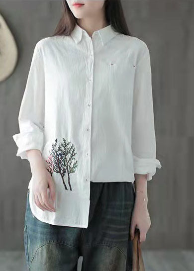 Organic White Peter Pan Collar Embroideried Cotton Shirt Top Long Sleeve