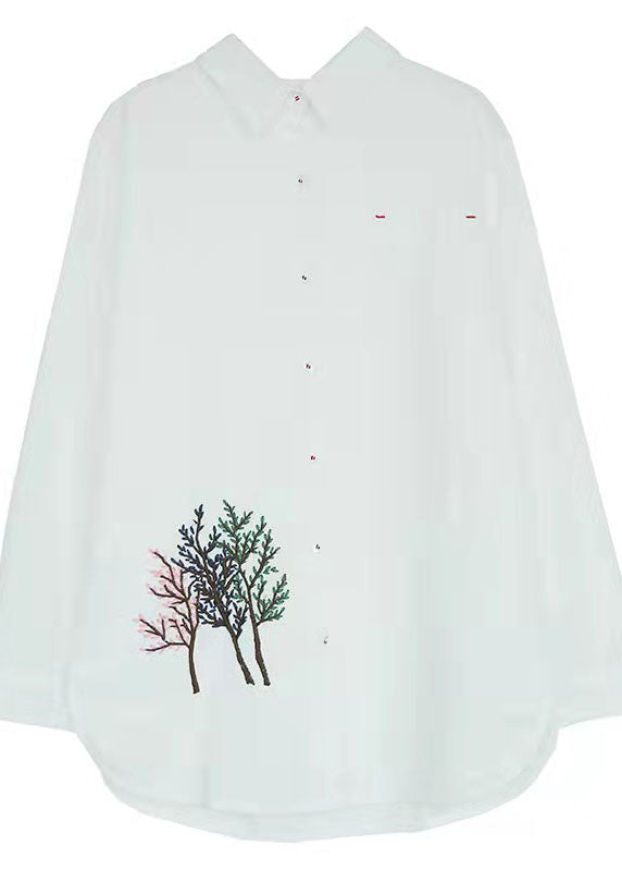 Organic White Peter Pan Collar Embroideried Cotton Shirt Top Long Sleeve