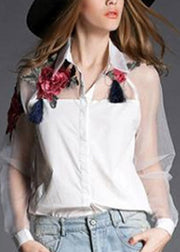 Organza White Peter Pan Collar Embroideried Floral Tulle Patchwork Cotton Shirts Long sleeve