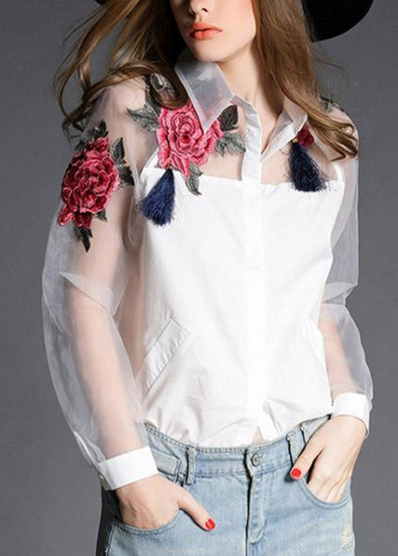 Organza White Peter Pan Collar Embroideried Floral Tulle Patchwork Cotton Shirts Long sleeve