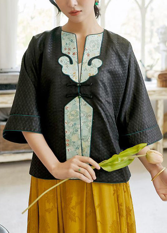 Oriental Black O-Neck Embroideried Patchwork Silk Coats Spring