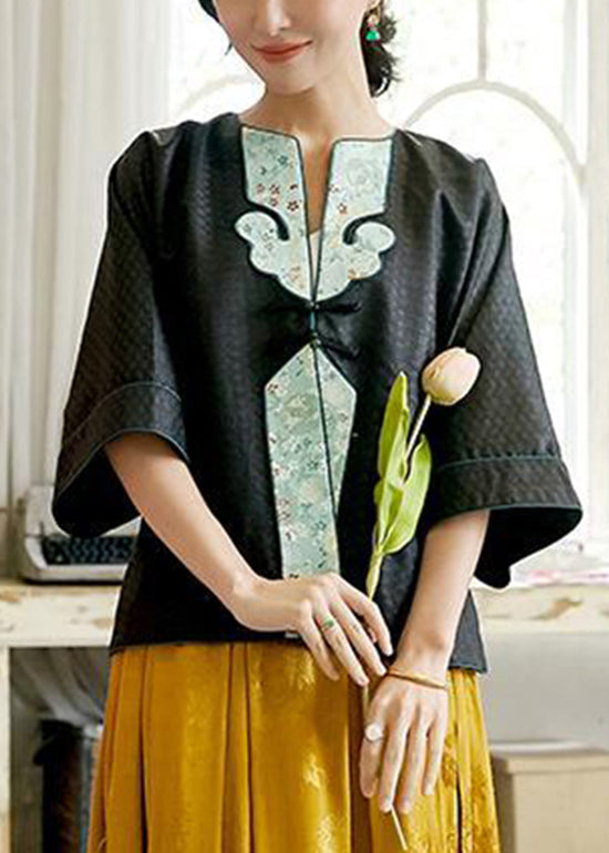 Oriental Black O-Neck Embroideried Patchwork Silk Coats Spring