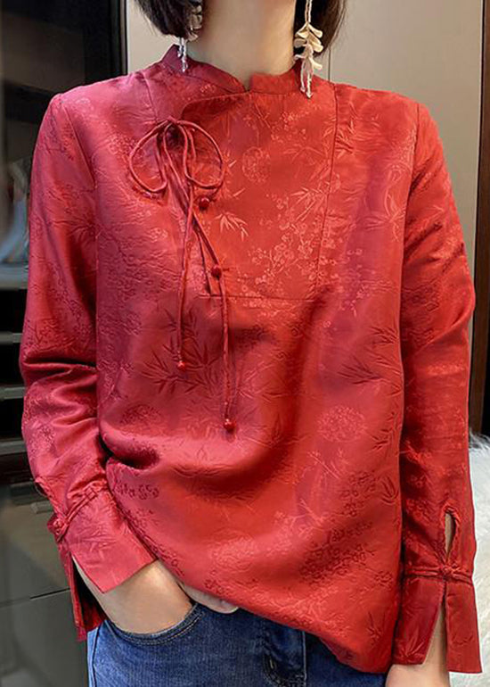 Oriental Red Stand Collar Lace up Jacquard Silk Shirts Long Sleeve