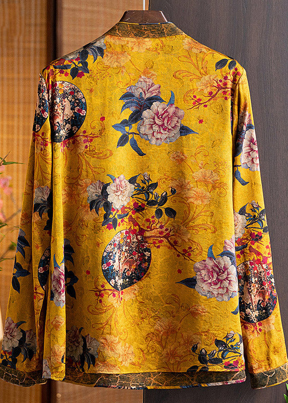 Oriental Yellow Stand Collar Button Silk Shirt Tops Long sleeve