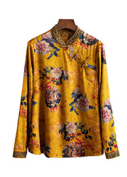 Oriental Yellow Stand Collar Button Silk Shirt Tops Long sleeve