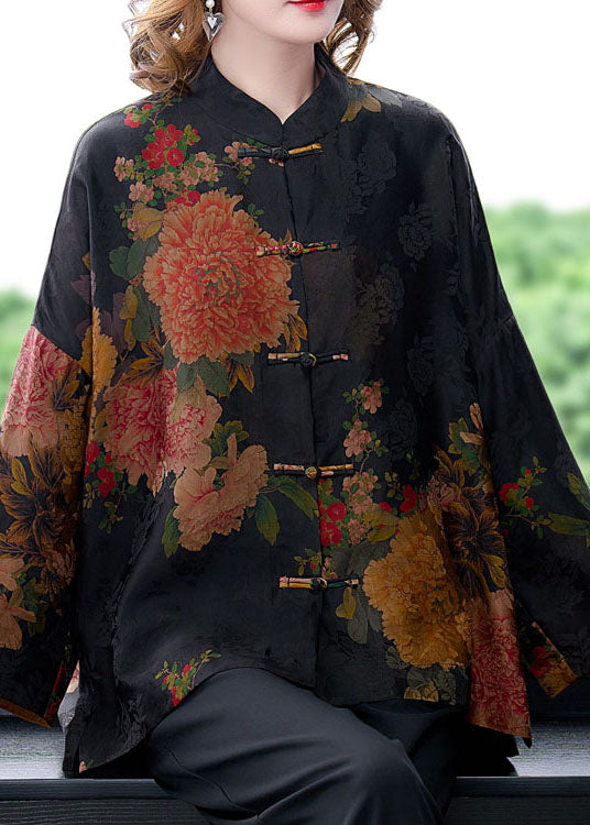 Original Black Mandarin Collar Button Floral Print Silk Coats Long Sleeve