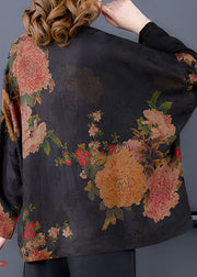 Original Black Mandarin Collar Button Floral Print Silk Coats Long Sleeve