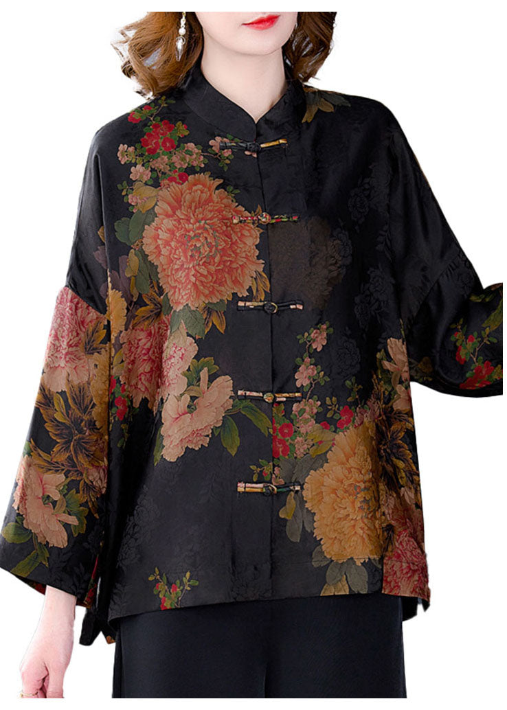 Original Black Mandarin Collar Button Floral Print Silk Coats Long Sleeve