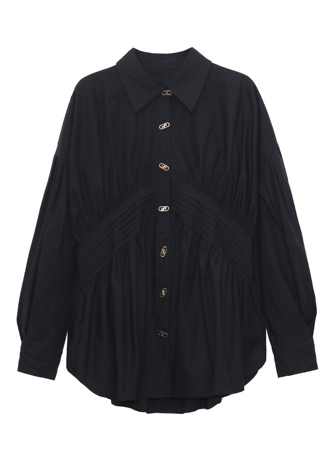 Original Design Black Peter Pan Collar Wrinkled Loose Blouses Puff Sleeve